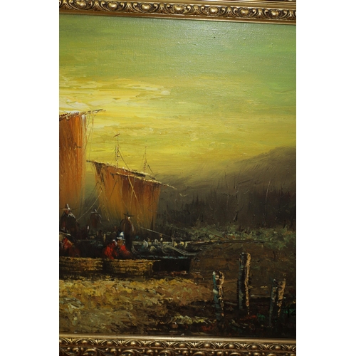 308 - Aged Oil on Canvas Painting - Indistinguishably Signed - Harbour Scene - Ornate Frame