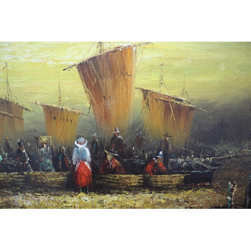 308 - Aged Oil on Canvas Painting - Indistinguishably Signed - Harbour Scene - Ornate Frame