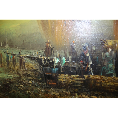 308 - Aged Oil on Canvas Painting - Indistinguishably Signed - Harbour Scene - Ornate Frame