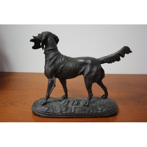 106 - Heavy Spelter / Metal Hunting Dog with Bird in Mouth 28cm tall- 36cm width