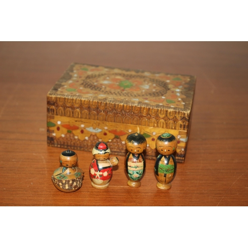 129 - Vintage Japanese Kokeshi Dolls plus a Decorative Wooden Box - Tallest Figure is 5cm