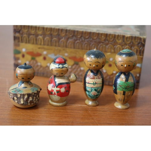 129 - Vintage Japanese Kokeshi Dolls plus a Decorative Wooden Box - Tallest Figure is 5cm