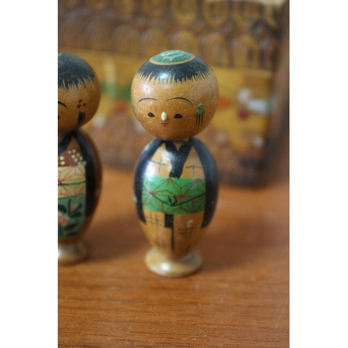 129 - Vintage Japanese Kokeshi Dolls plus a Decorative Wooden Box - Tallest Figure is 5cm