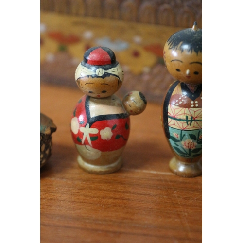 129 - Vintage Japanese Kokeshi Dolls plus a Decorative Wooden Box - Tallest Figure is 5cm