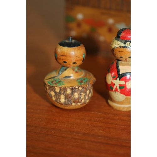 129 - Vintage Japanese Kokeshi Dolls plus a Decorative Wooden Box - Tallest Figure is 5cm