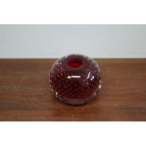 14 - Deep Red Coloured Bubble Glass Candle Holder