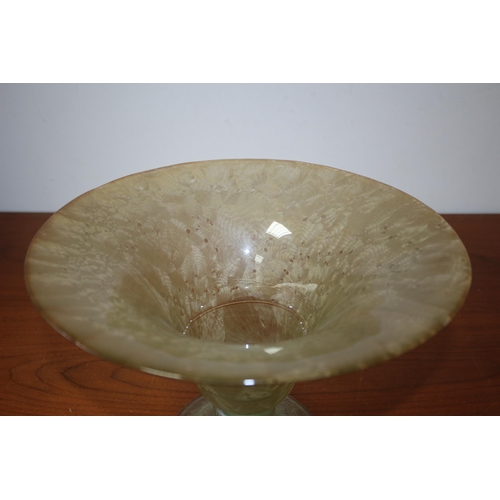 145 - Very Nice and Large Coloured Glass Hand Blown Wide Rimmed Vase with Frosted Leaf Design