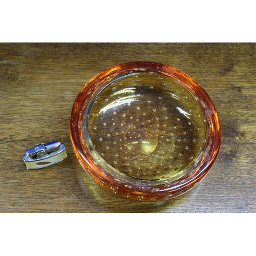 160 - Large, Heavy Orange Bubble Glass Bowl / Ashtray plus a Ronson Lighter