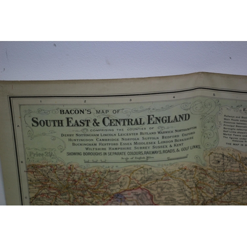 227 - 1912 Bacon's Fold Out Booklet Map of the South East and Central England - Fully Open Size: 122.5 x 9... 