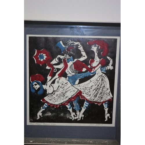 233 - Signed 3 Colour Lino Print by James Holland Dated 1977 - Titled Three Clowns Avignon - Framed and Gl... 