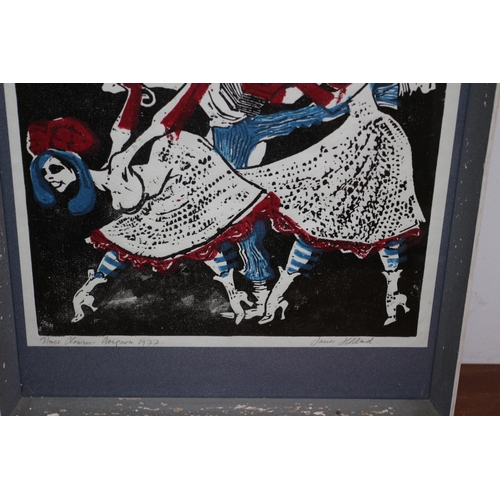 233 - Signed 3 Colour Lino Print by James Holland Dated 1977 - Titled Three Clowns Avignon - Framed and Gl... 