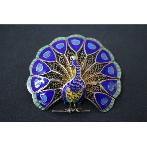 97 - 800 Marked - Believed to be of French Origin - Silver and Gilt Enamelled Filigree Peacock brooch