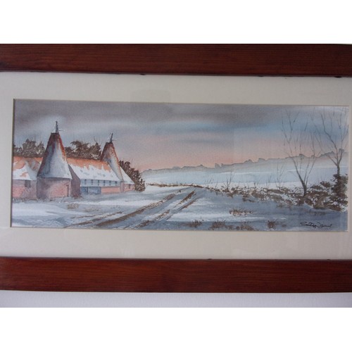 402 - Snow Covered Oust house with landscape Original Watercolour signed by Artist Sally James? 61x33cm