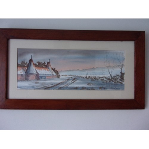 402 - Snow Covered Oust house with landscape Original Watercolour signed by Artist Sally James? 61x33cm