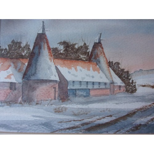 402 - Snow Covered Oust house with landscape Original Watercolour signed by Artist Sally James? 61x33cm