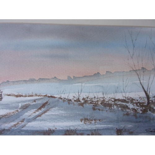 402 - Snow Covered Oust house with landscape Original Watercolour signed by Artist Sally James? 61x33cm