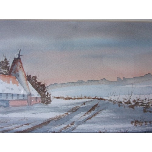 402 - Snow Covered Oust house with landscape Original Watercolour signed by Artist Sally James? 61x33cm