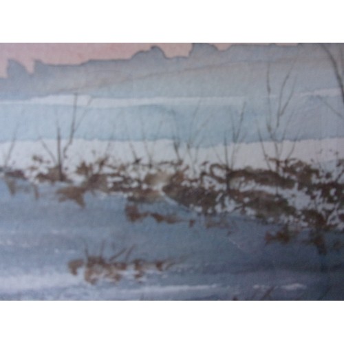 402 - Snow Covered Oust house with landscape Original Watercolour signed by Artist Sally James? 61x33cm