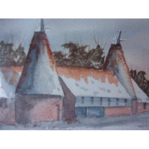 402 - Snow Covered Oust house with landscape Original Watercolour signed by Artist Sally James? 61x33cm