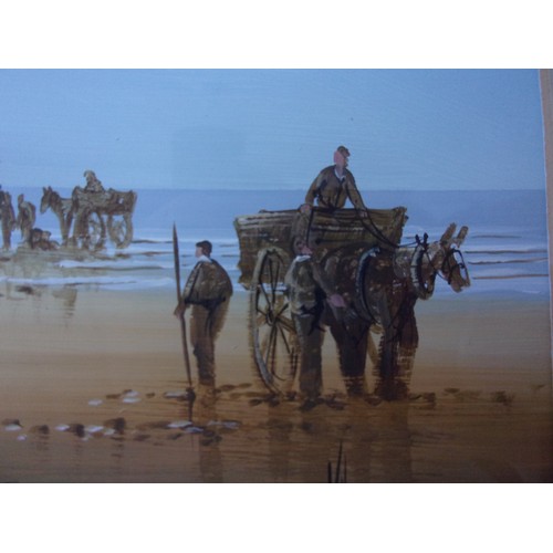 403 - An original signed Oil painting by known artist Ken Hammond Figures meet Sailing ship on Beach 33x43... 