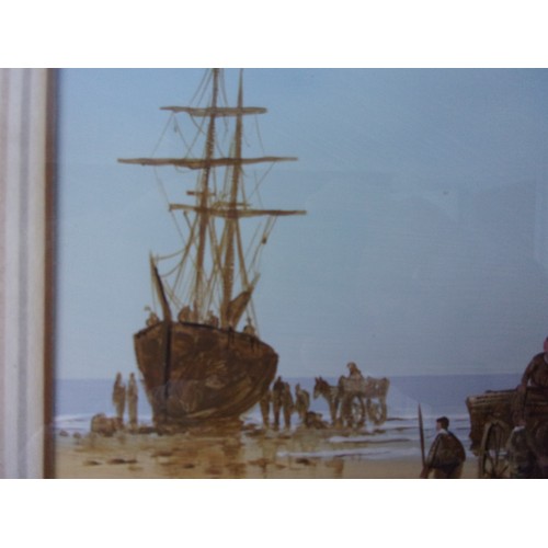 403 - An original signed Oil painting by known artist Ken Hammond Figures meet Sailing ship on Beach 33x43... 