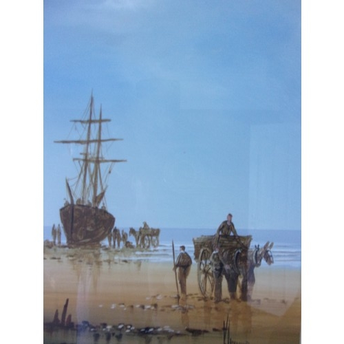 403 - An original signed Oil painting by known artist Ken Hammond Figures meet Sailing ship on Beach 33x43... 