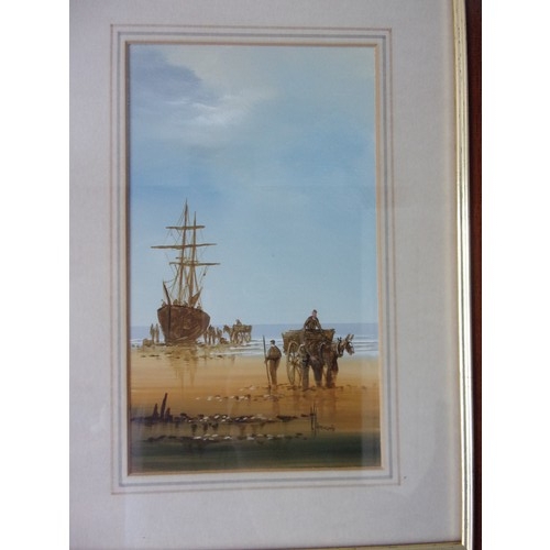 403 - An original signed Oil painting by known artist Ken Hammond Figures meet Sailing ship on Beach 33x43... 