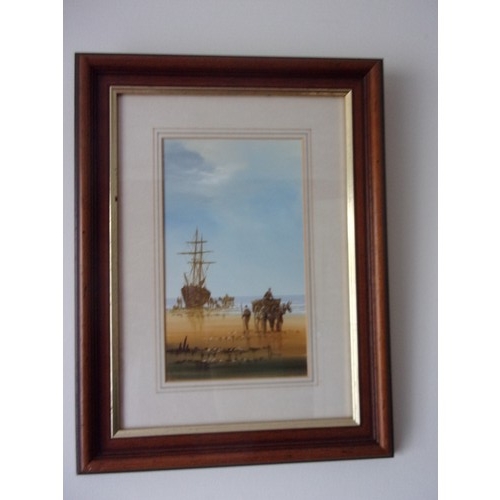 403 - An original signed Oil painting by known artist Ken Hammond Figures meet Sailing ship on Beach 33x43... 