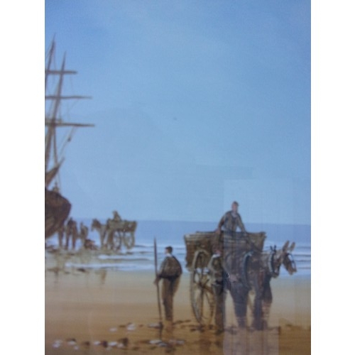 403 - An original signed Oil painting by known artist Ken Hammond Figures meet Sailing ship on Beach 33x43... 