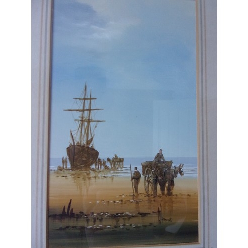 403 - An original signed Oil painting by known artist Ken Hammond Figures meet Sailing ship on Beach 33x43... 