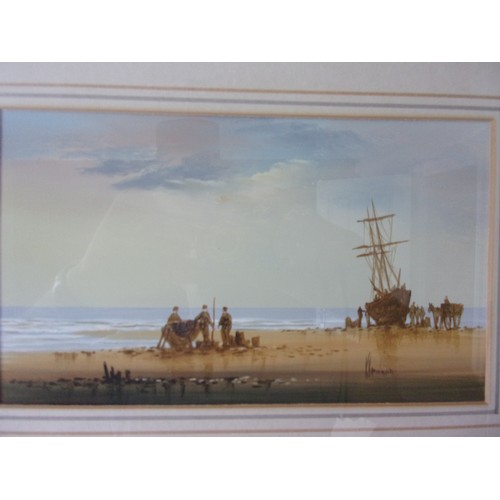 399 - An original signed Oil painting by known artist Ken Hammond Figures and animals on the Beach 33x43cm