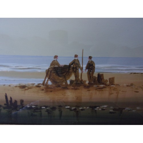 399 - An original signed Oil painting by known artist Ken Hammond Figures and animals on the Beach 33x43cm