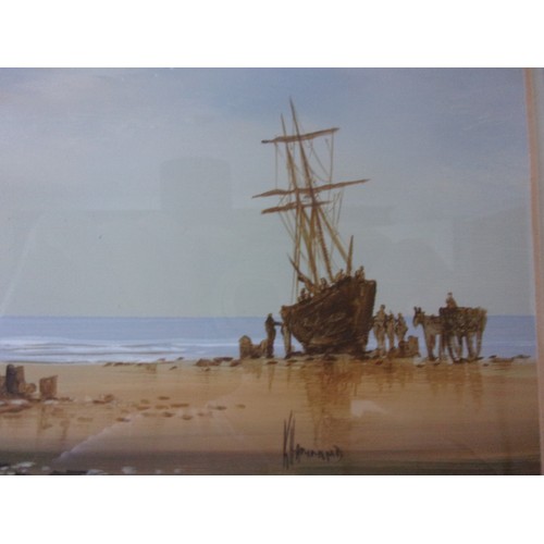 399 - An original signed Oil painting by known artist Ken Hammond Figures and animals on the Beach 33x43cm