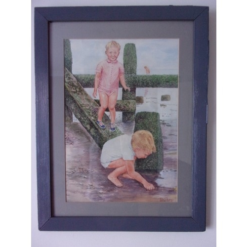 398 - In the style of Dorothea Sharp really cute watercolour painting of two young boys playing on the bea... 