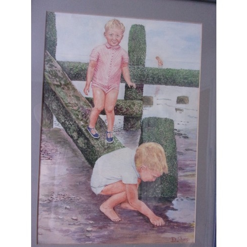 398 - In the style of Dorothea Sharp really cute watercolour painting of two young boys playing on the bea... 