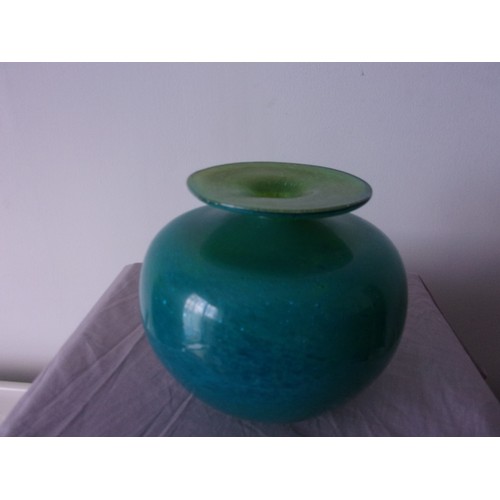 394 - Vibrant blue/green single stem vase marked Mdina glass