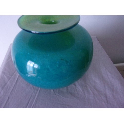 394 - Vibrant blue/green single stem vase marked Mdina glass