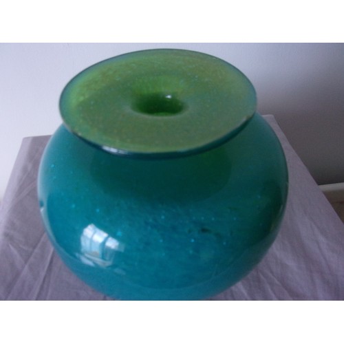 394 - Vibrant blue/green single stem vase marked Mdina glass