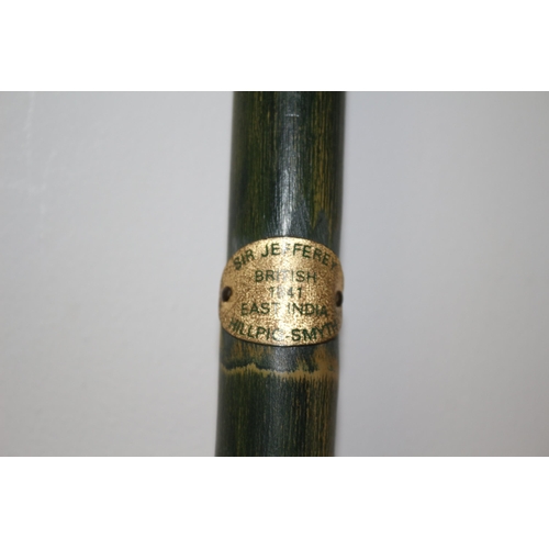 320 - Highly Collectable Bamboo Walking Stick with Brass Plate That Reads: Sir Jeffrey Hill-Pig - British ... 