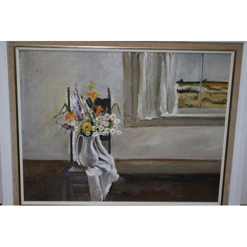 321 - Interesting Oil on Board by Edith Tamsley - Titled: Interior with Flowers - 54 x 44cm