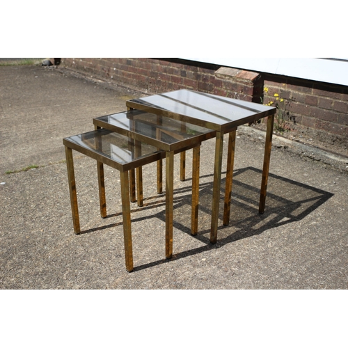 363 - Very Nice and Heavy Designer Style Brass and Smokey Glass Top Next of 3 Tables