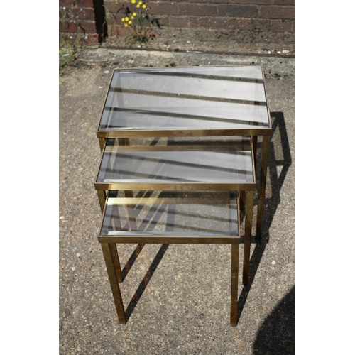 363 - Very Nice and Heavy Designer Style Brass and Smokey Glass Top Next of 3 Tables