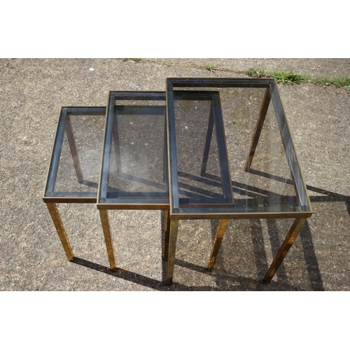 363 - Very Nice and Heavy Designer Style Brass and Smokey Glass Top Next of 3 Tables