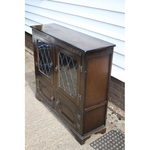 12 - Vintage Priory Side Display Cabinet with Leaded Light Diamond Style Glass Panels to Front Top Doors ... 