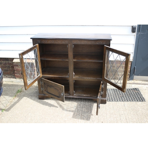 12 - Vintage Priory Side Display Cabinet with Leaded Light Diamond Style Glass Panels to Front Top Doors ... 