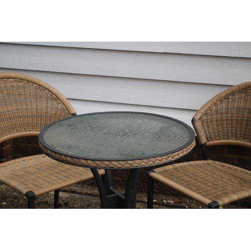 15 - Circular Shaped, Wicker Surround Bistro Table with Frosted/Patterned Glass Top and Two Complimentary... 