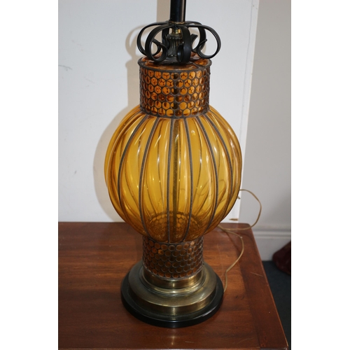 18 - Very Unusual, Mid Century Large Table Lamp with Yellow Glass Bulbous Section and Metal Work - Comes ... 