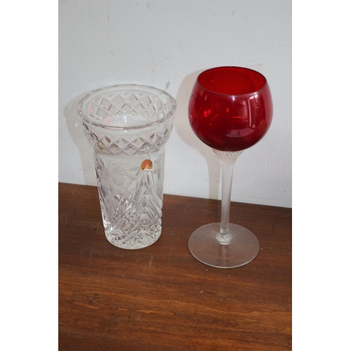 36 - Very Nice Dresden Lead Crystal Vase plus a Separate Twisted Stem Red Bowled Wine Glass