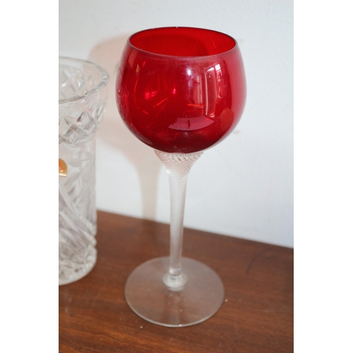 36 - Very Nice Dresden Lead Crystal Vase plus a Separate Twisted Stem Red Bowled Wine Glass