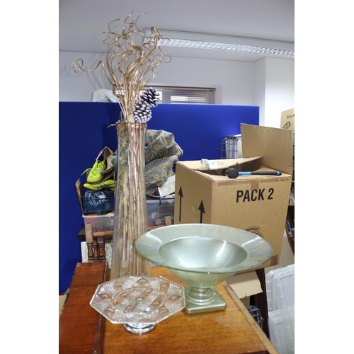 7 - Large Green Shade Bowl Vase, Heavy, plus a Cut Glass Cake Stand and a Tall Glass Vase with Dried Pla... 